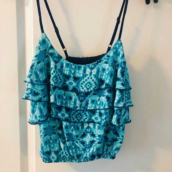 Blue tribal ruffled crop tank - Picture 2 of 5